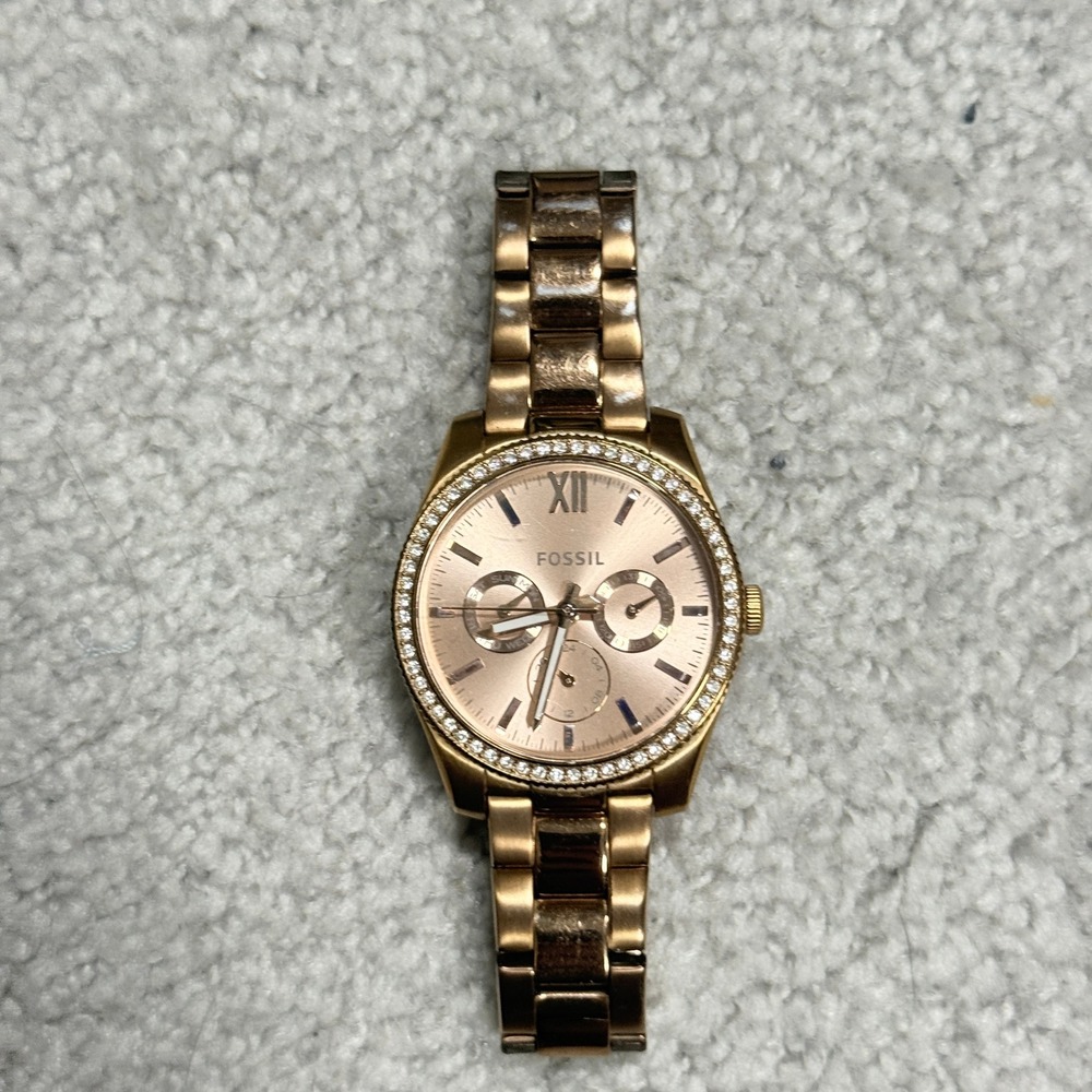 Fossil Women OS Riley Rose Gold Tone Crystal Bezel Multifunction Watch ES4315